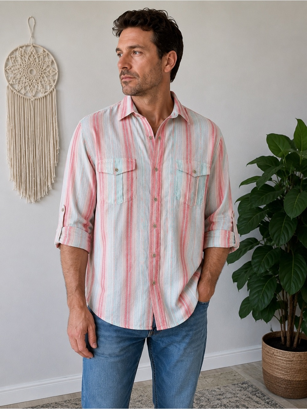 Islander Coral & White Striped Casual Button-Down Shirt